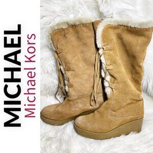 MICHAEL MICHAEL KORS Camel Brown Suede Sherpa Lined Wedge Boot, Size 9.5